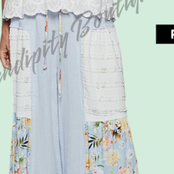 POL Flowy Lace & Double Gauze Floral Patch Palazzo Wide Leg Breezy Pants - Picture 5 of 11